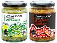 Loving Foods Award-Winning *Organic & Made in The UK* Sauerkraut & Hot 'N' Smoky Kimchi (2 x 475g) Raw, Unpasteurised & Bursting with Beneficial Live Bacteria (2 x Jars)