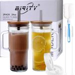 24oz Ribbed Glass Cup with Lids and Straws,2Pack Glass Tumbler with Handle,Reusable iced Coffee Cups,Wide Mouth Mason jar Cup for Smoothie,Iced Coffee,Fruit Juice,Soda Water,Tea,Travel Mug