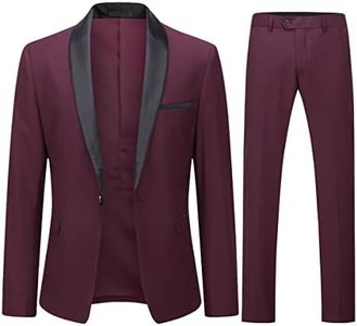 YOUTHUP Traje ajustado de 2 piezas para hombre, con solapa, 1 botón, para boda, cena, esmoquin, rojo vino, XL