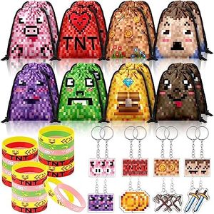 Talltalk 48 Pcs Pixel Theme Style Party Favors Set Includes 16 Pixel Party Drawstring Bags Miner Goodie Bags 16 Miner Craft Silicone Wristband 16 Pixel Keychain for Fill Up the Birthday Gift Bags