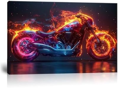 HJL Art Motorcycle Canvas Wall Art, Motorcycle Burning in Flames Painting Canvas Prints for Men Boys Room Decor, Motorcycle Pictures Poster Framed for Living Room Bedroom Office Home (24''W x 18''H)