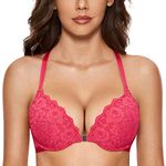 DOBREVA Women's Push Up Front Fastening Bras Racer Back Lace Padded Plunge Underwired Bra Bright Rose 34B