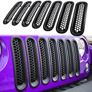 【Upgrade Matte Black Clip-in Version】 E-cowlboy Front Grill Mesh Grille Insert Guard Kit for Jeep Wrangler JK JKU 2007-2015 (7PC/SET)