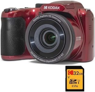 KODAK Pixpro Astro Zoom AZ255 + SD Memory Card 32 GB – 16 MP Digital Bridge Camera, 25X Zoom, 1080p HD Video, 24 mm Wide Angle, 3 LCD Screen, AA Battery – Red