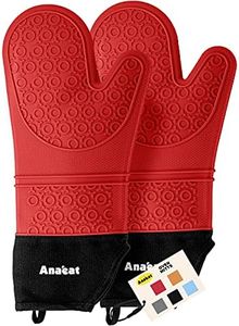 Anaeat Extra Long Silicone Oven Mitts Set of 2, Flexible Heat Resistant Pot Holders with Quilted Liner, Textured & Non Slip Oven Gloves Waterproof for BBQ, Kitchen Baking & Cooking (Red)