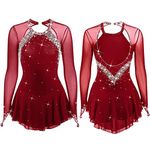 ZEDDG Ice Skating Dresses Girls Women Handmade Figure Skating Dress Competition Performance Dance Costume With Crystals Figure Skating Dress,Wine-M