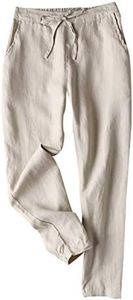 Tanming Linen Pants for Women Summer Casual High Waisted Drawstring White Beach Pant (Khaki, XXL)