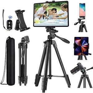 Tablet Ipad Tripod Stand Mount Holder 60-inch with Bluetooth Remote for iPad Pro Air Mini 12.9 11 10.5 Surface Galaxy Tab, iPhone, 3.5 to 13.5in Cellphone Tablet, Video Recording, Camera
