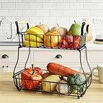 UMDONX 2 Tier Countertop Fruit Basket Holder, Fruit Basket with Substitute Wood Handle, Kitchen Countertop Wire Storage Basket Fruit Holder for Bread, Snacks, Vegetables, Drinks (Black)