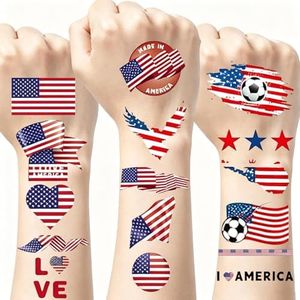 6 Sheets USA American Flag Temporary Tattoos, Waterproof Removable Patriotic Fake Tattoos, US National Flag Stickers with Classic & Soccer Designs for Face, Body, 4th of July, Sports Events & Parties