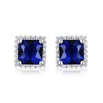 Diamond Treats 925 STERLING SILVER Earrings with Simulated Sparkling Square Blue Sapphire & Bright White Cubic Zirconia. The Silver Sapphire Halo Earrings are a Lovely Gift for Her.