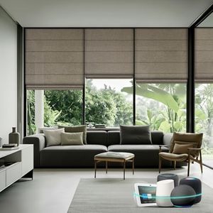 Aprilsmart Motorized Roman Shades,Compatible with Apple HomeKit Alexa Google Home- Voice and app Control,Light Filtering Motorized Roller Shades Custom Size (Light Filtering Woven Brown-208)