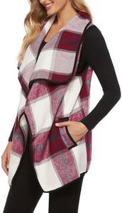 YACUN Women Plaid Vest Lapel Open Front Sleeveless Jacket Outerwear Cardigan with Pockets Wine XXL