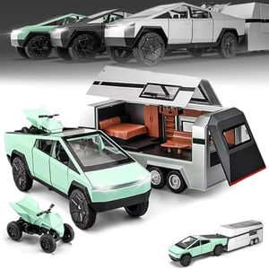 Diecast Pickup Trailer RV Model Truck Toy with Motorcycle,1:32 Simulation Casting car Model Off-Road Pull Back Vehicles with Lights and Sound for Boys Girls Children Birthday Gift