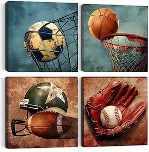 4PC Sports Canvas Wall Art Framed Boys Room Decor Rustic Football Baseball Basketball Soccer Wall Decor Sport Theme Posters Vintage Canvas Prints Picture Artwork Playroom Boys Bedroom Decor