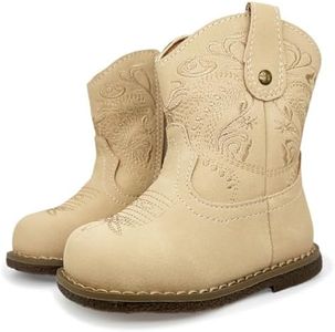 iSusuJo Baby Cowgirl Cowboy Boots Infant Boy Girl Western Booties Round Toe Riding Mid Calf Boots for All Seasons for 6 9 12 15 18 24 Months Beige Size 5 Toddler