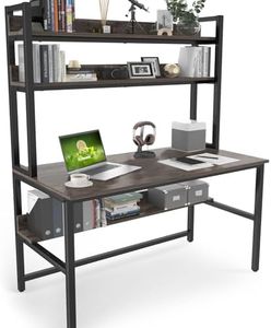 Aquzee Wide Modern Computer Desk with Hutch and Storage Shelves, 120cm Wide Space-Saving Study Desk Bookshelf Combo, Grey