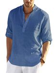 COOFANDY Men's Casual Long Sleeve Henley Shirts Cotton Linen Premium Beach T-Shirt Denim Blue