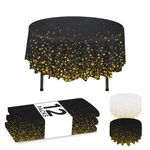 NORZEE 12-Pack Black Disposable Plastic Tablecloths, 84" Plastic Table Cloth, Round Table Cover, Round Plastic Tablecloth Disposable Black Gold CONFETY