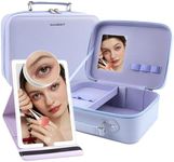 WangSelect Travel Makeup Case Partitionable Cosmetic Bag with Portable Ultra Thin Lighted Mirror Professional Cosmetic Artist Organizer Purple