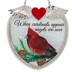 Memorial Cardinal Heart Suncatcher - "When Cardinals Appear Angels are Near" - Memory Saying for Loss of Loved One - Male Cardinal Design with Pine Cones and Greenery and a Snowy Background