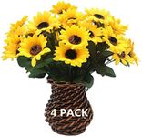 PASYOU Artificial Sunflower, Plastic Fake Flowers Small Sunflowers for Indoor Outdoor Wedding Bridal Bouquet Home Garden Party DIY Wreath Table Arrangement Decoration Pot Planter Filler 4 Pack