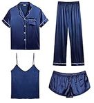 SWOMOG Womens 4pcs Pajamas Sets Silk Satin Sleepwear Sexy Cami with Button Down Short Sleeve Shirt Pjs Loungewear Navy Blue Medium