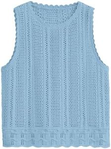KIRUNDO Beach Cover Ups for Women 2025 Summer Crochet Knit Sweater Vest Mesh Hollow Out Crop Sleeveless Shirts Swimsuit(Sky Blue, XX-Large)