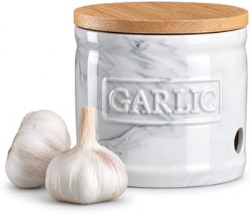ONEMORE Garlic Keeper for Counter Ceramic Garlic Holder Countertop Storage Container with Lid - Marble Style Garlic Saver for Kitchen