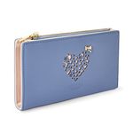 Woodland Leathers Women's Wallet and RFID Card Holder with Decorative Heart Pattern, Bifold Faux Leather Lady Zipper Purse Button Wallet with Multiple Card Slots (Cool Blue Large)