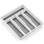 Homikit Cutlery Tray Organiser, Plastic Cutlery Drawer Organiser/Divider, 5 Compartments Utensil Tray Silverware Holder, Kitchen/Office/School Storage, Non-Slip Rubber Feet, White & Grey - 32.6x29cm