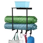 Camping Chair Storage, Metal Camping Chair Holder for Garage with 4 Hooks, Beach Chair and Umbrella Wall Storage Rack, Black