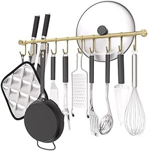 OKEPOO Kitchen Hanging Racks 304 Stainless Steel 20 Inch Rail Utensil Storage Hanger with 10 Pcs Noiseless Sliding Hooks, Wall Mounted Rod Holder for Pots Pan Spatula Spoon Cookware Mug Cup. (Golden)