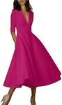 YMING Womens Vintage Deep V Neck Cocktail Dress 3/4 Sleeve Pleated Swing Dress Solid Color Maxi Dresses with Pockets, Rose, Medium