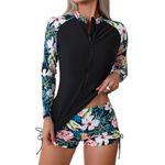 Owntop Women 2-Piece Rash Guard, Long Sleeve Swimsuits UV UPF 50+ Swim Shirt, Zipper Rash Vest, Floral Bathing Suit with High Waist Boyshort Bottom, for Swimming Surfing, Black XL