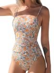 CUPSHE Women Swimsuit One Piece Bathing Suit Square Neck Cutout Back Tummy Control with Adjustable Spaghetti Straps, Cantaloupe Orange Ditsy, Large