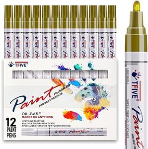 TFIVE Gold Paint Pens Markers - 12 Pack Oil Based Permanent Marker, Medium Tip, Never Fade, Quick Dry, Waterproof Paint Pen for Rocks Painting, Wood, Fabric, Plastic, Canvas, Glass, Metal