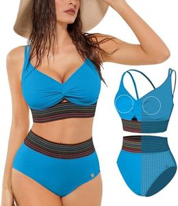 Popilush Tummy Control Swimsuits for Women High Waisted Bikini Sets Shapewear Two Piece Boho Swimsuit 4 Way Wear Beach and Pool Size XL Color Blue