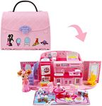 deAO 2 in 1 Portable Dollhouse Dollhouse, Small Dollhouse with Light and Music Functions, Accessories, Carry Bag and Doll - Great Gift for Children (Pink)