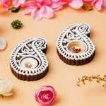 eCraftIndia Brown White Buta or Paisley Shaped Wooden Block Print Decorative Tea Light Candle Holders, Diya Stands for Diwali - Tea Light Holders - Diwali Decoration Items for Home Decor - Set of 2