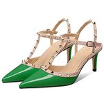 MIRAAZZURRA Women Heeled Sandals Rivet Studded T-Strap Wedding Shoes Stiletto High Heels Pointed Toe Slip On Bridal Pumps for Women Green Size 12