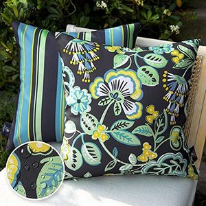 Phantoscope Pack of 2 Outdoor Indoor Throw Decorative Pillow Cover Floral Striped Waterproof Patio Pillows Cushion Case for Couch Tent Park, Dark Green 18 x 18 Inches