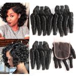 Molefi Brazilian Funmi Hair Curly Weave 3 Bundles with Lace Closure Spiral Curl Hair Bundles with 4x4 Closure 100% Human Hair Extensions 50g/pc Natural Black (8 8 8 +8)