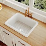 White Drop-in Kitchen Sink, DeerValley Glen 24" L x 18" W Drop-in Fireclay Kitchen Sink, Single Bowl Kitchen Sink, White Farmhouse Sink with Sink Grid and Basket Strainer DV-1K515