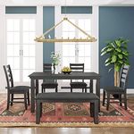 Merax 6 Piece Dining Table Set with Bench, Rustic Style Kitchen Table Set with Wood Dining Table, Upholstered Chairs and Bench, Kitchen Dining Room Table Set for 6 People (Grey)