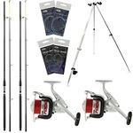 2x Sea Fishing Beach Caster 12ft 2pc Rod & Reel Setup 20lb Line & Tripod Stand | Feathers | Sea Rigs