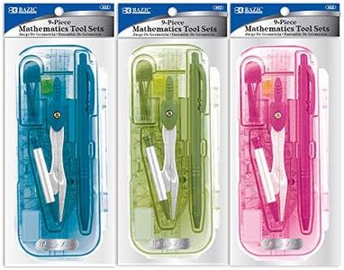 BAZIC Products Math Geometry Set 9 Pieces for Students, Protractor, Compass, Ruler, 2 Triangle Rulers, Mechanical Pencil, Lead Refill, Eraser, Storage Box, 24-Packs