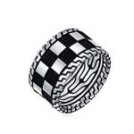 Men's Inside Out Design Two Tone Black Silver Geometric Check Board Squares Chess Ring Band For Men Heavy Solid .925 Silver Handmade In Turkey Wide 12MM