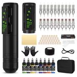 EZ Tattoo Kit - Tattoo Gun Kit with Wireless Tattoo Machine Pen, 1800mAh Power Supply Battery, 20Pcs Tattoo Cartridge Needles and 8 Color Inks for Tattoo Beginners and Artists (P2S Black)