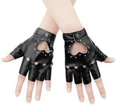 KINBOM 1 Pair Half Finger Leather Gloves, Stylish Fingerless Leather Gloves with Rhinestone Biker Punk Gloves for Halloween Women Girls Cosplay Performance (Black)